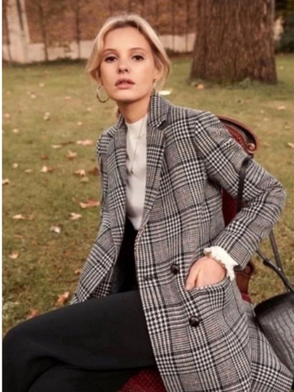 Sezane Double Breasted Plaid Coat Size 6 Black White Red Wool Old Money Academia